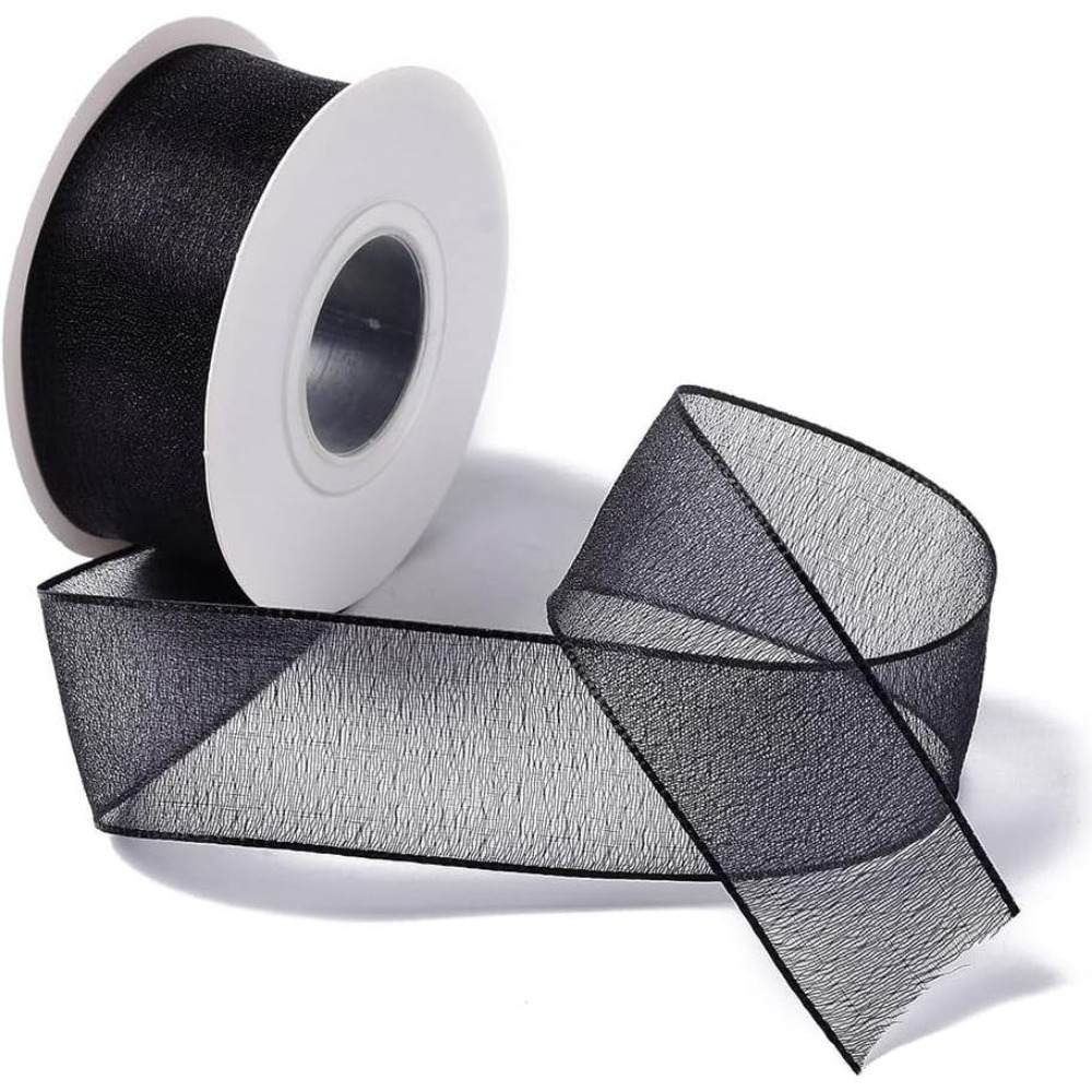 Organza Ribbon Spool - 1 Zoll Schwarzes Organza-Band, Drahtverstärktes Transparentes